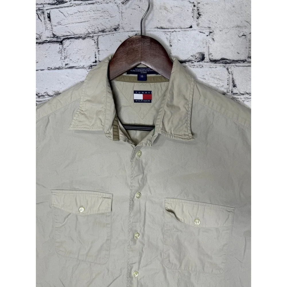 Tommy Hilfiger Mens Beige Short Sleeve Button Up Shirt Size‎ 16 Classic Fit